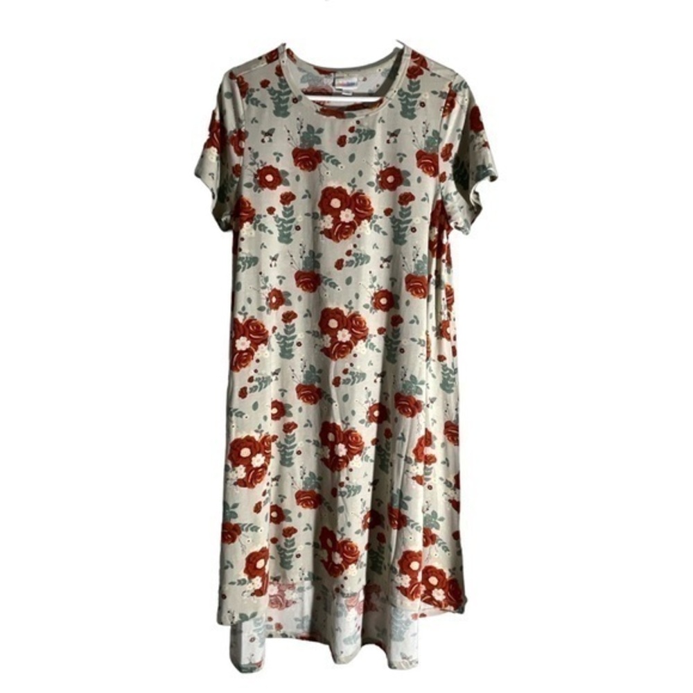 Women's Lularoe Carly Hi-Low Flowy Tan Dress w/ Red Roses Size Med GUC #5073